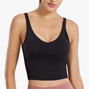 CRZ YOGA Women’s Longline V Neck White Tank Top w/ Built In Bra